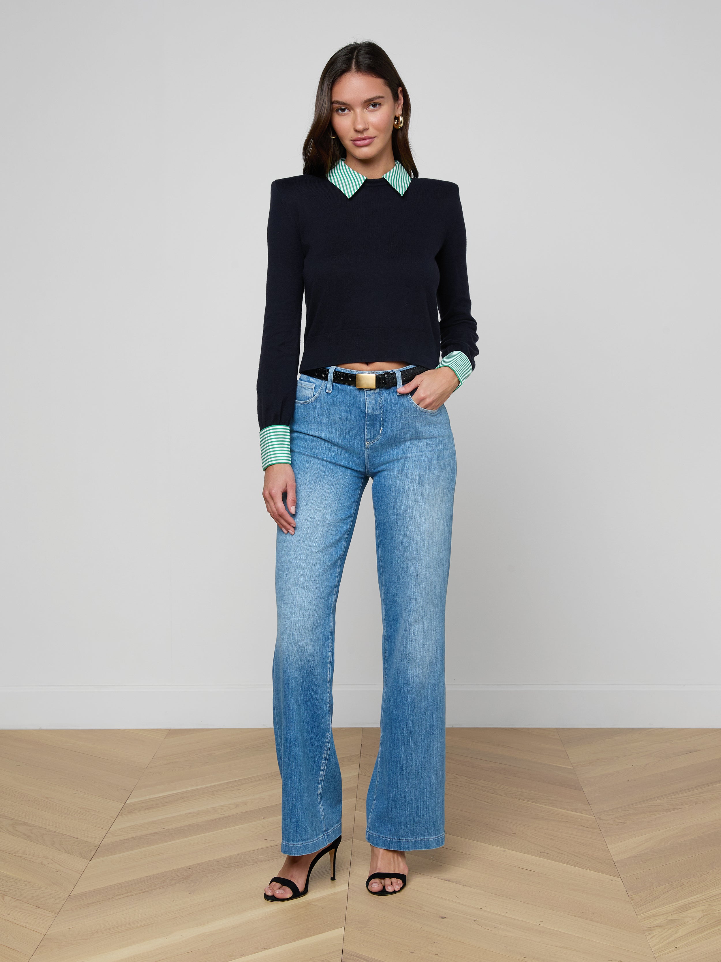 April Poplin Collar Pullover In Dark Navy/green White Stripe