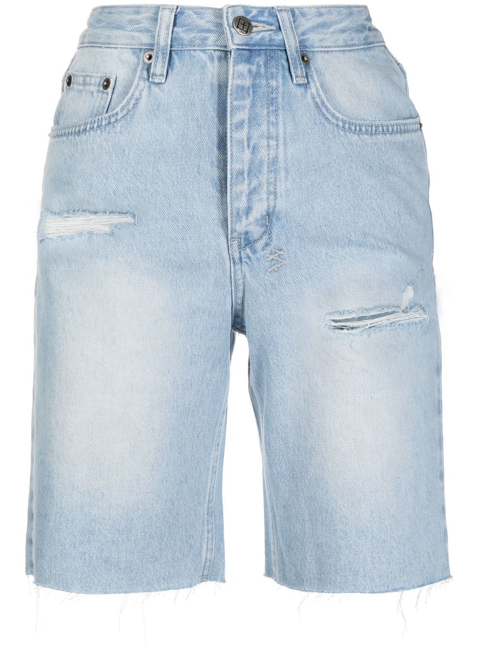 Longline distressed denim shorts