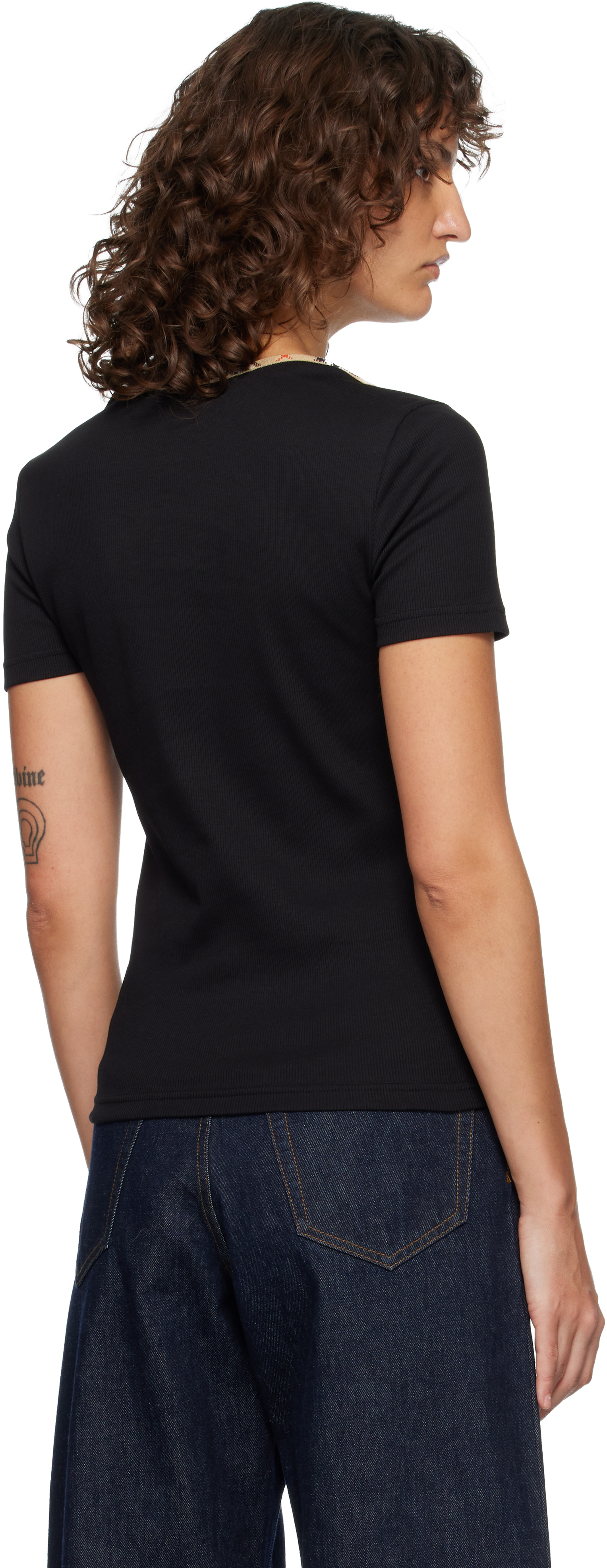 Black Check Trim Stretch Cotton T-shirt