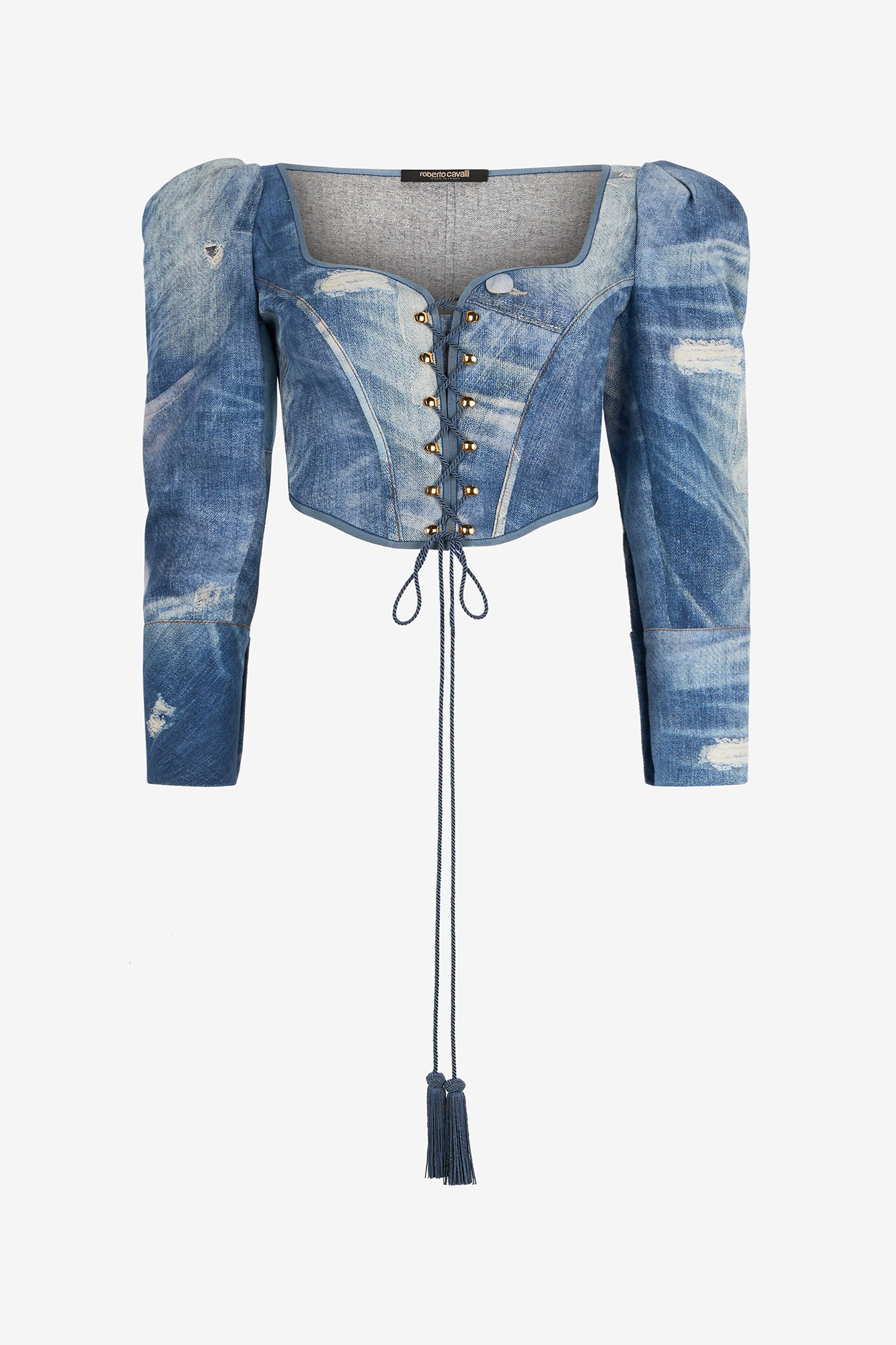 Denim Patchwork-effect Corset With Lacing