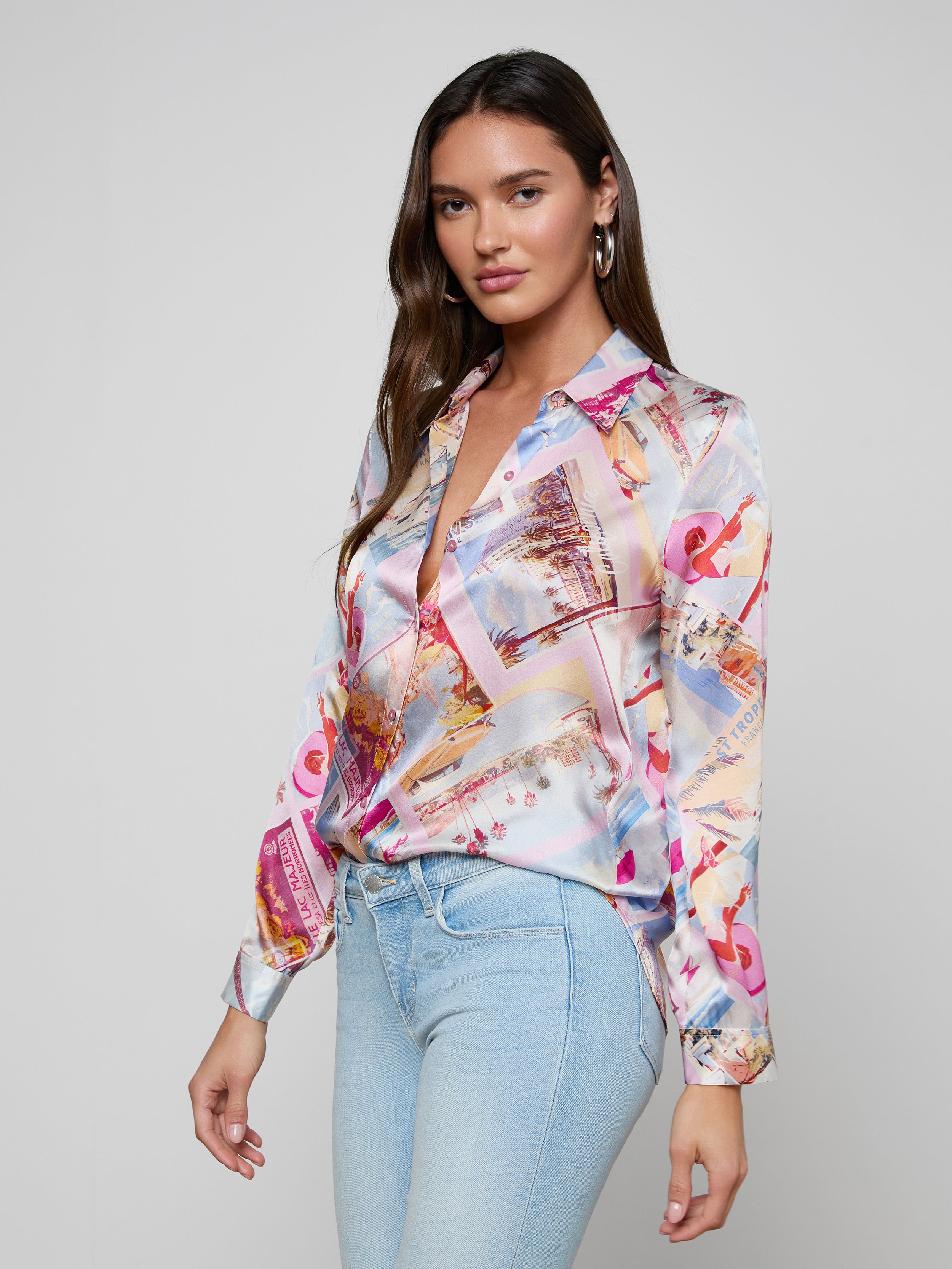 Tyler Silk Blouse Top In Light Pink Multi Large Postcard Print