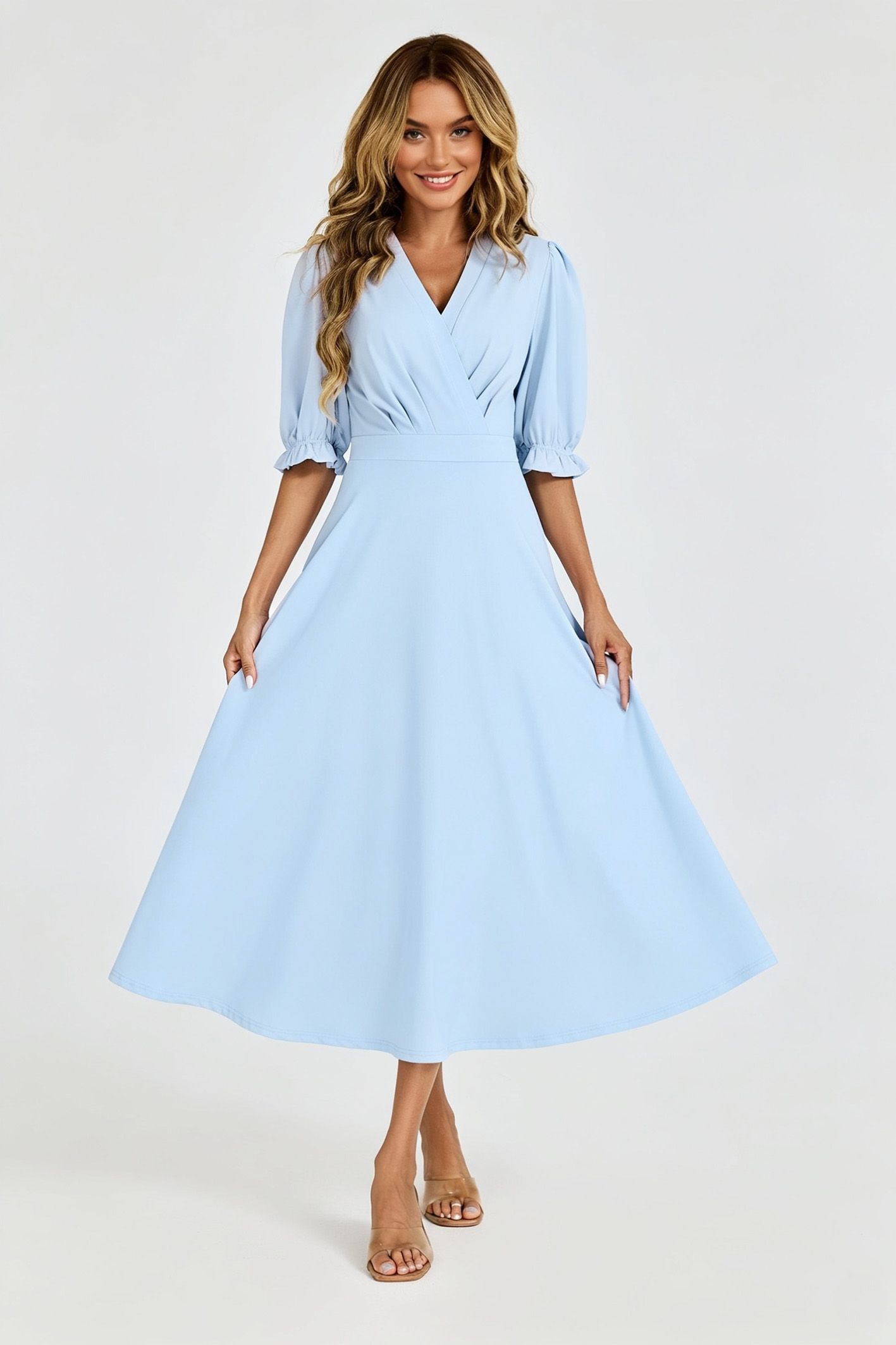 Fs Collection Half Sleeves Jersey Midi Dress With Wrap Neckline In Pale Blue