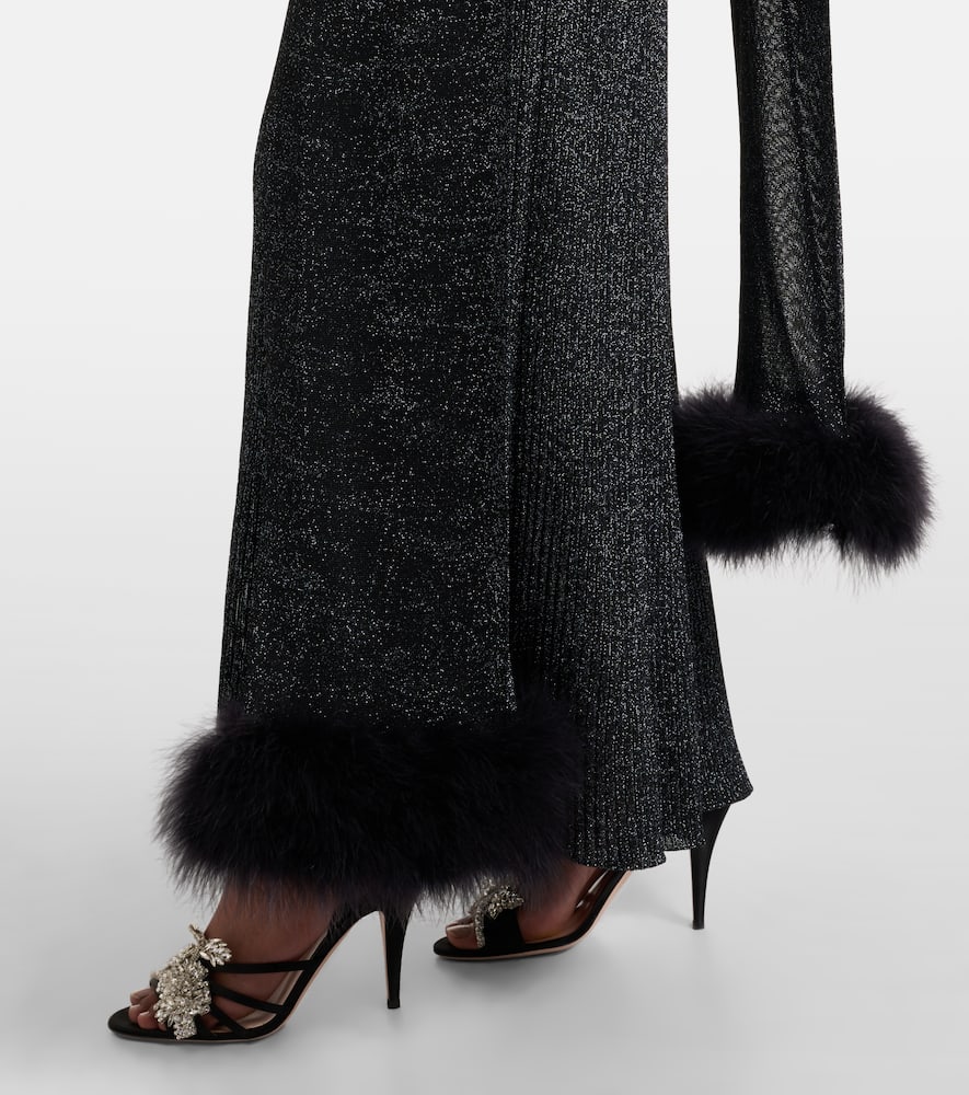Feather-trimmed lamé maxi dress