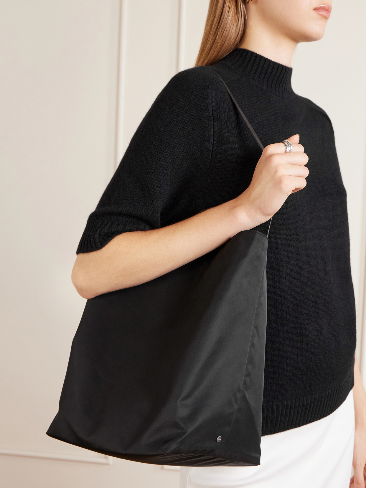 Bucket Leather-trimmed Shell Tote - Black