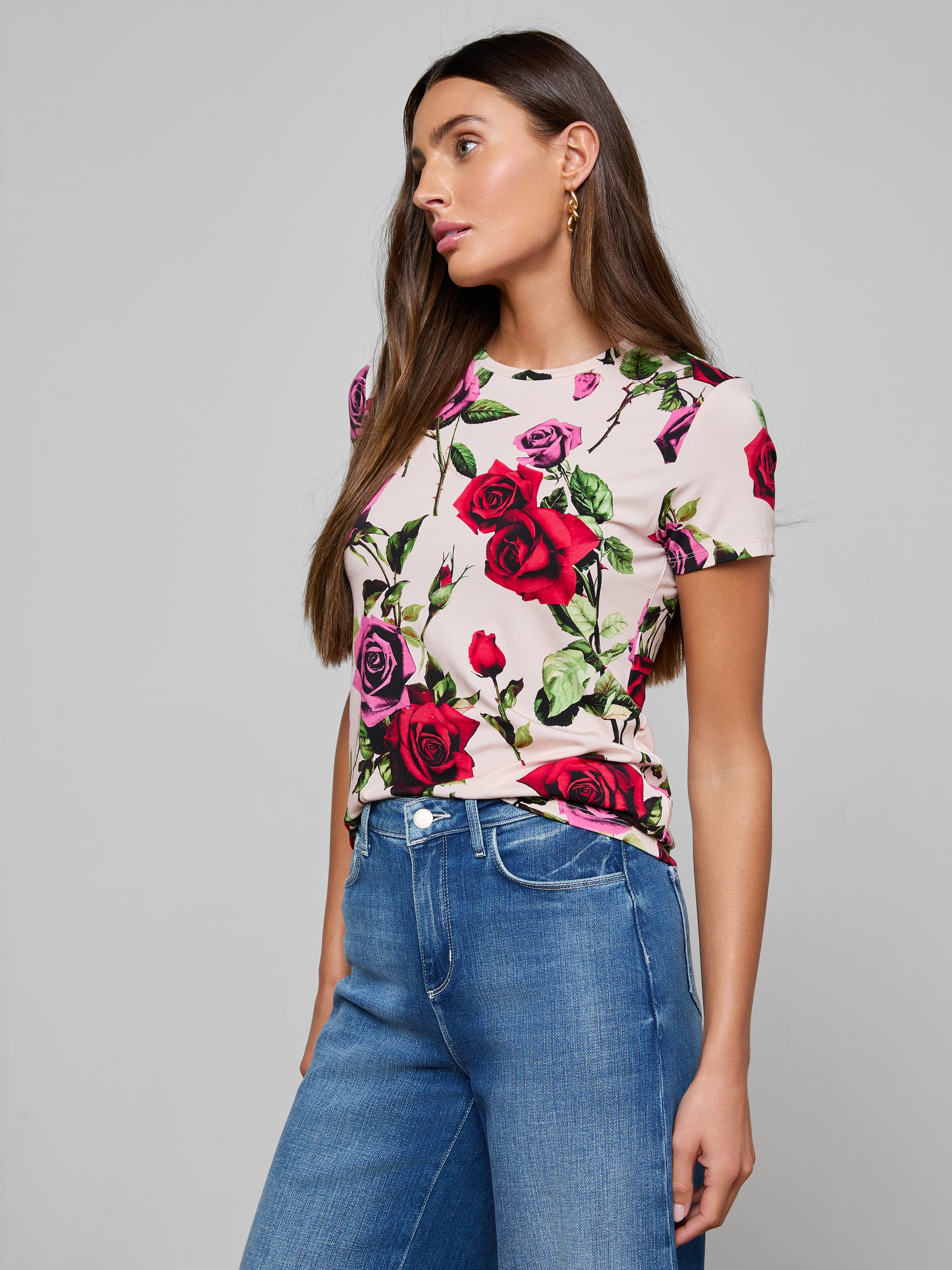 Ressi Fitted T-Shirt In Pink Multi Romantic Rose