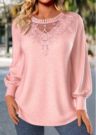 Modlily Beige Embroidery Long Sleeve Round Neck T Shirt