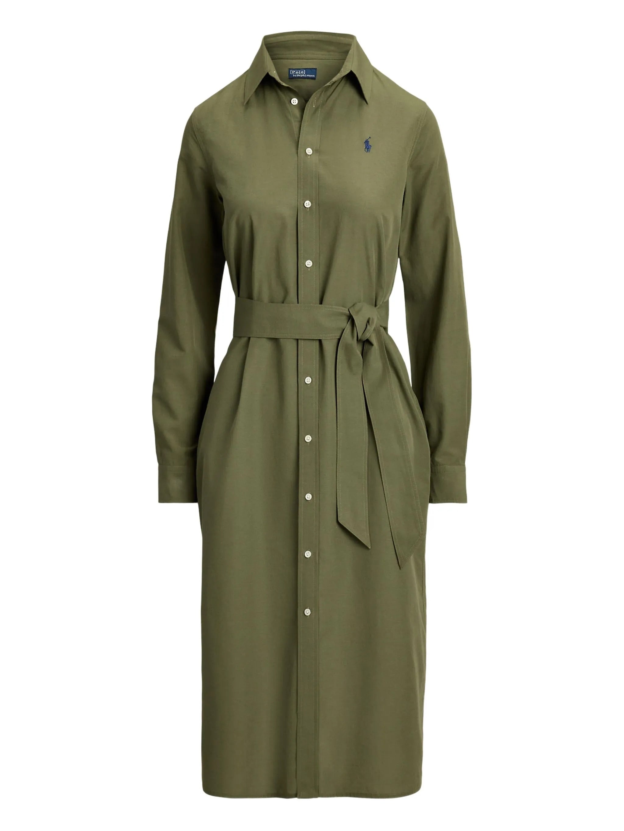 Ralph Lauren-Inspired Button-Front Shirt Dress with Pointed Collar, Long Sleeves & Self-Fabric Belt (Size 40)