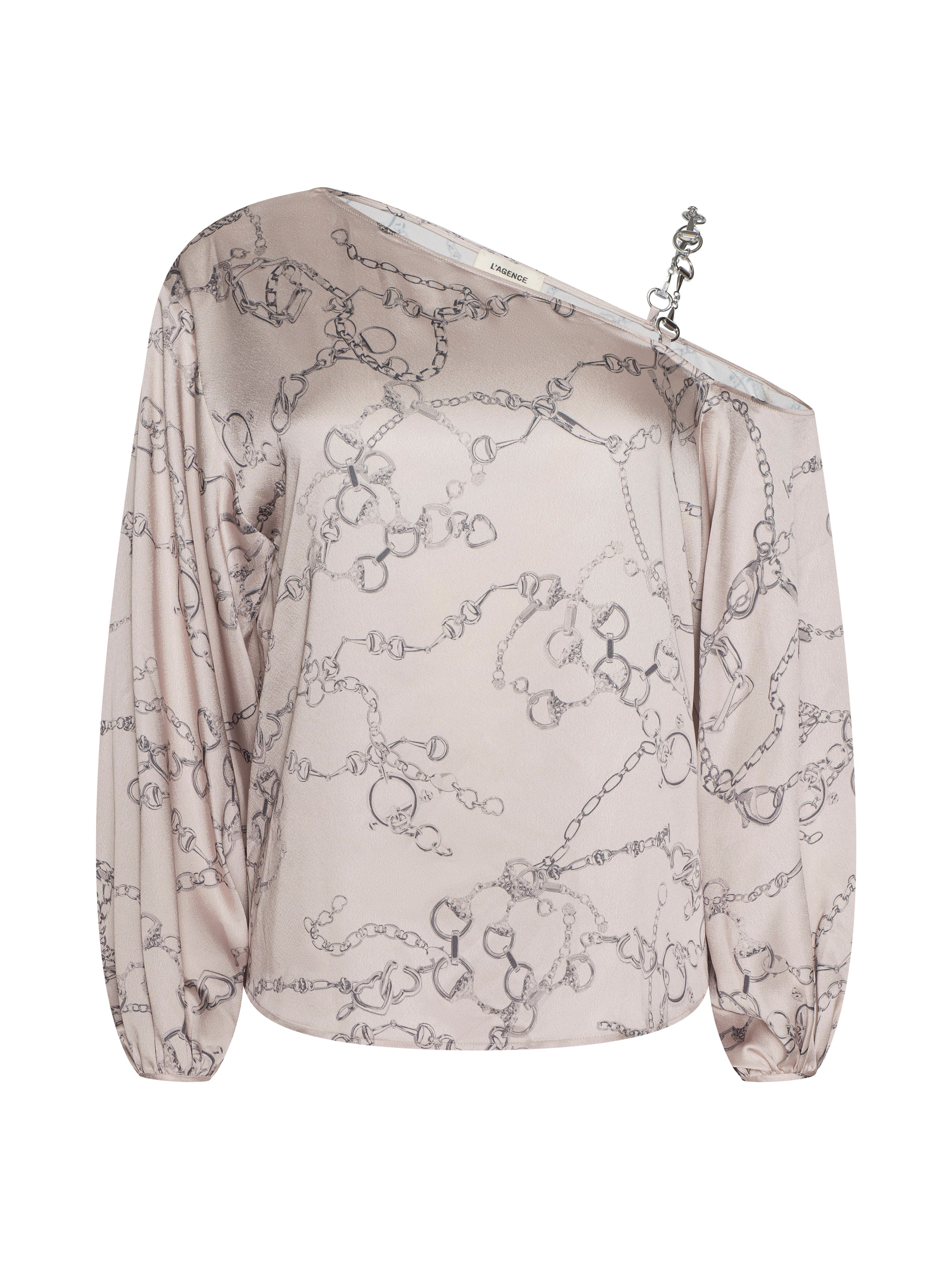 Asami Chain One-Shoulder Blouse Top In Soft Macadamia Multi Small Horsebit Chain