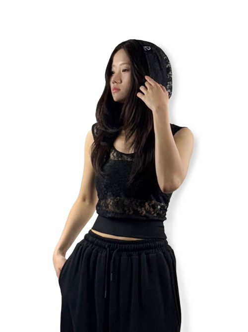 Lace sheer sleeveless hoodie