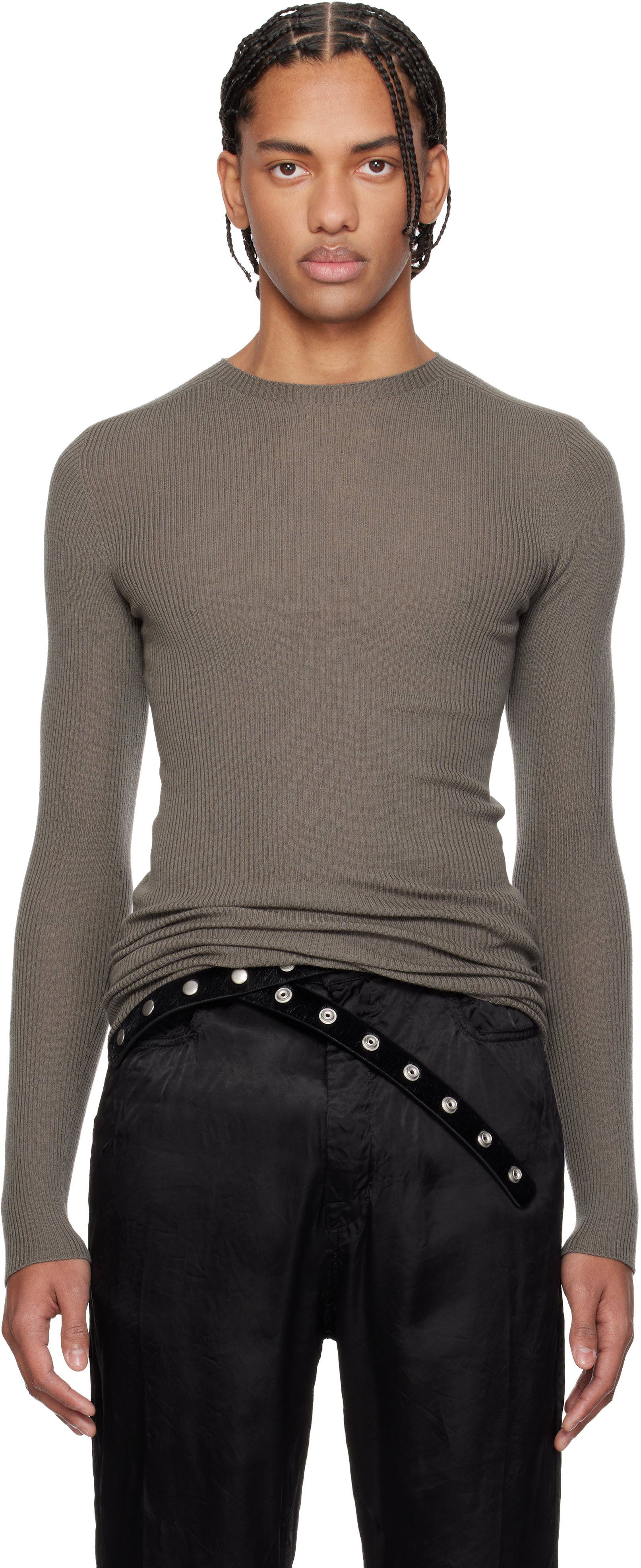 Gray Temple Ribbed Round Neck Sweater