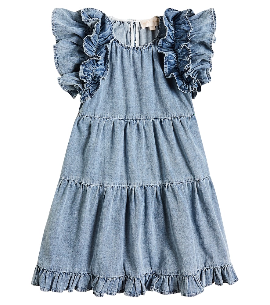 Petite Amalie Ruffled embroidered chambray dress