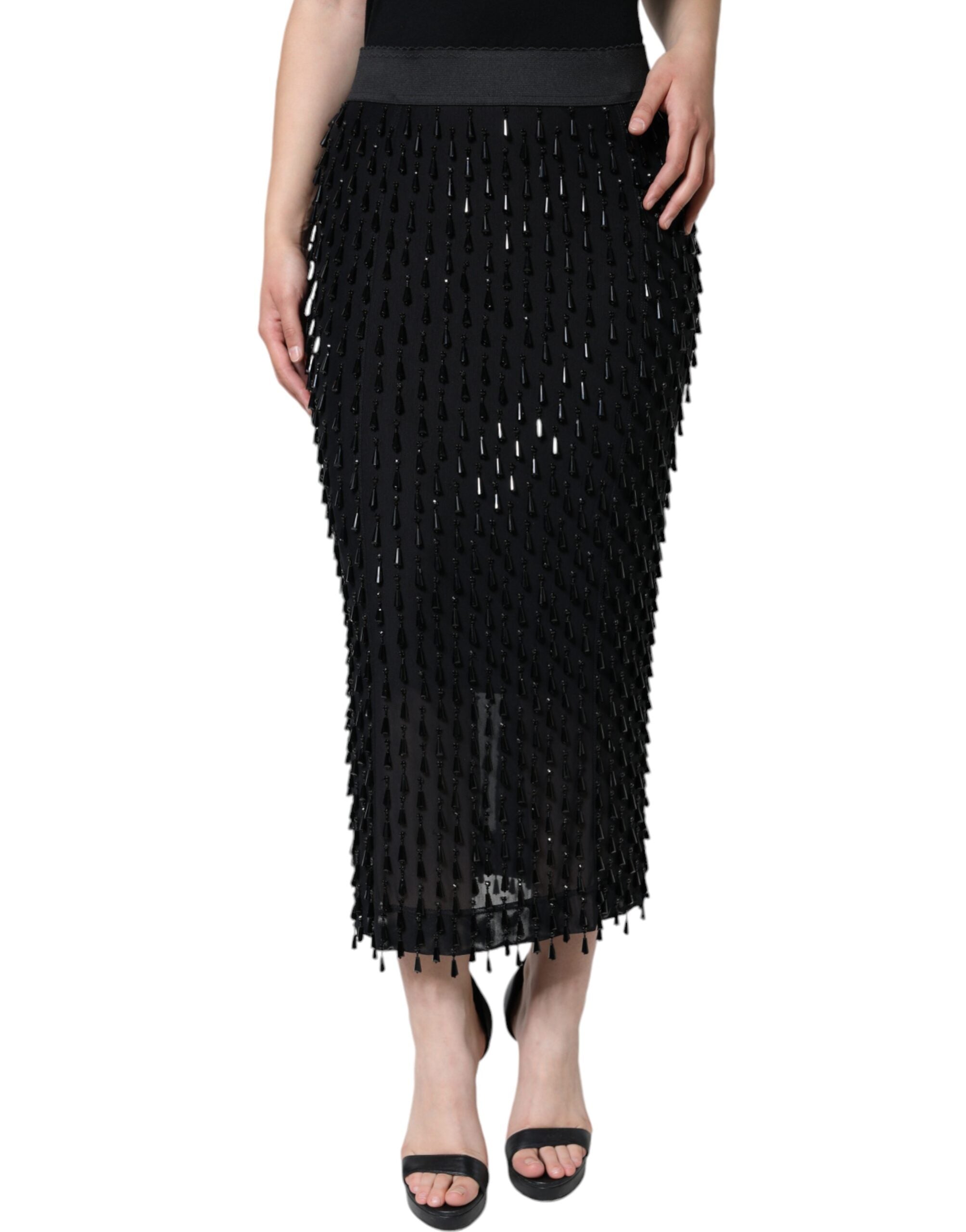 Fringed Embellished Midi Skirt — Black