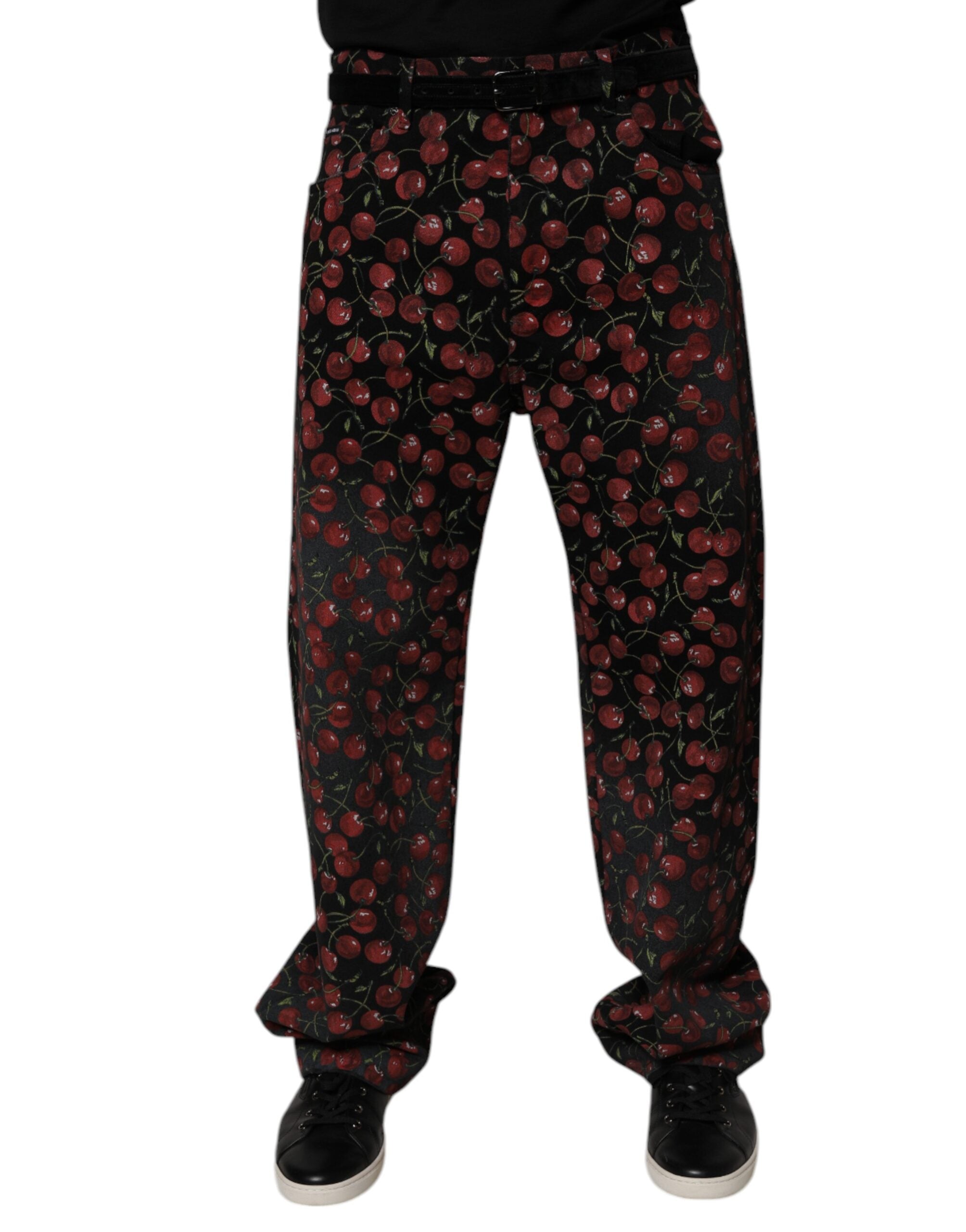 Cherry-Print Denim Jeans — Black