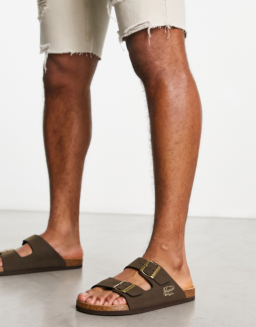 Buckle sandals in brown faux leather