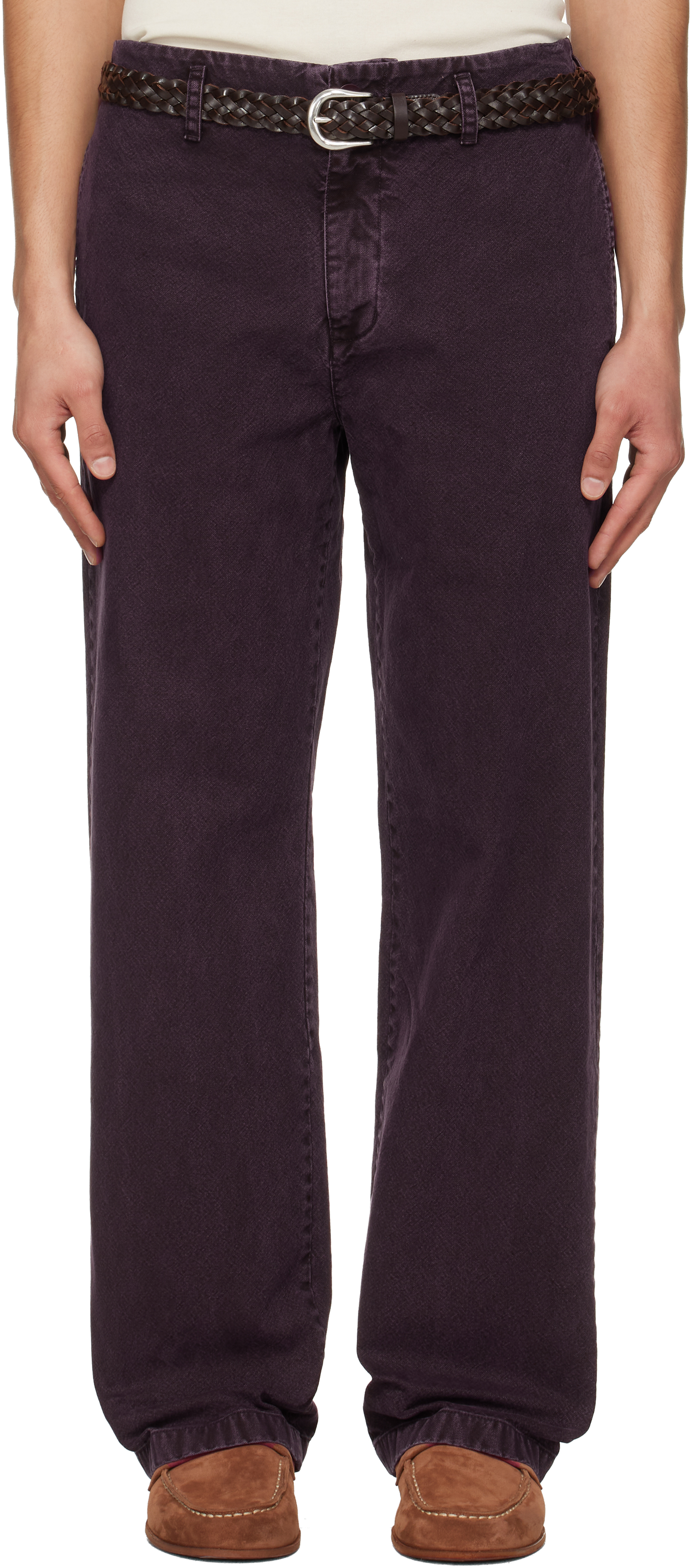 Burgundy Garment Dyed Cotton Straight Trousers