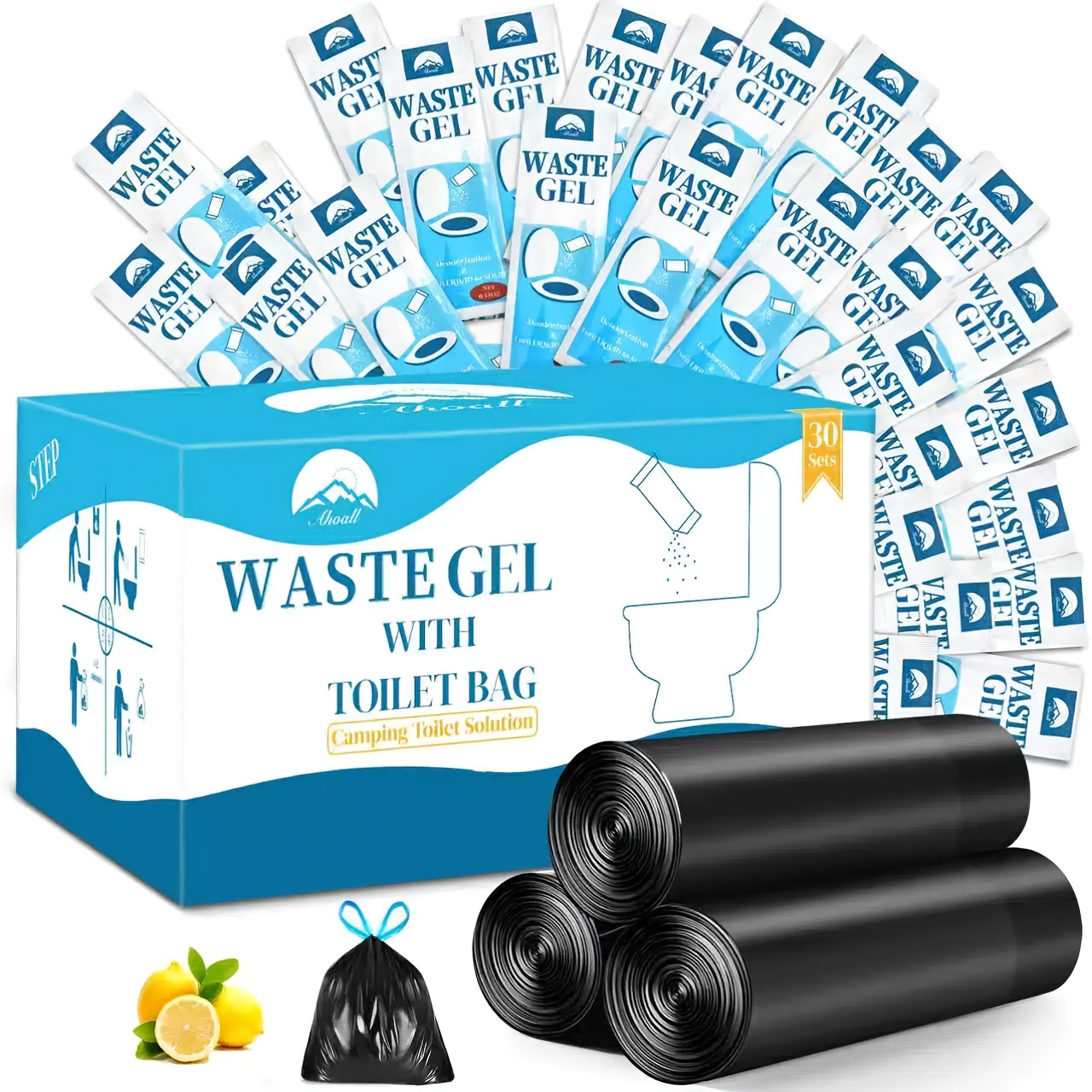 TEMU Portable Toilet Bags Waste Gel Set | 10 Gal Camping Toilet Bags With Drawstring And 30 Pack 0. Each Powder For Portable Camping Toilet Fit