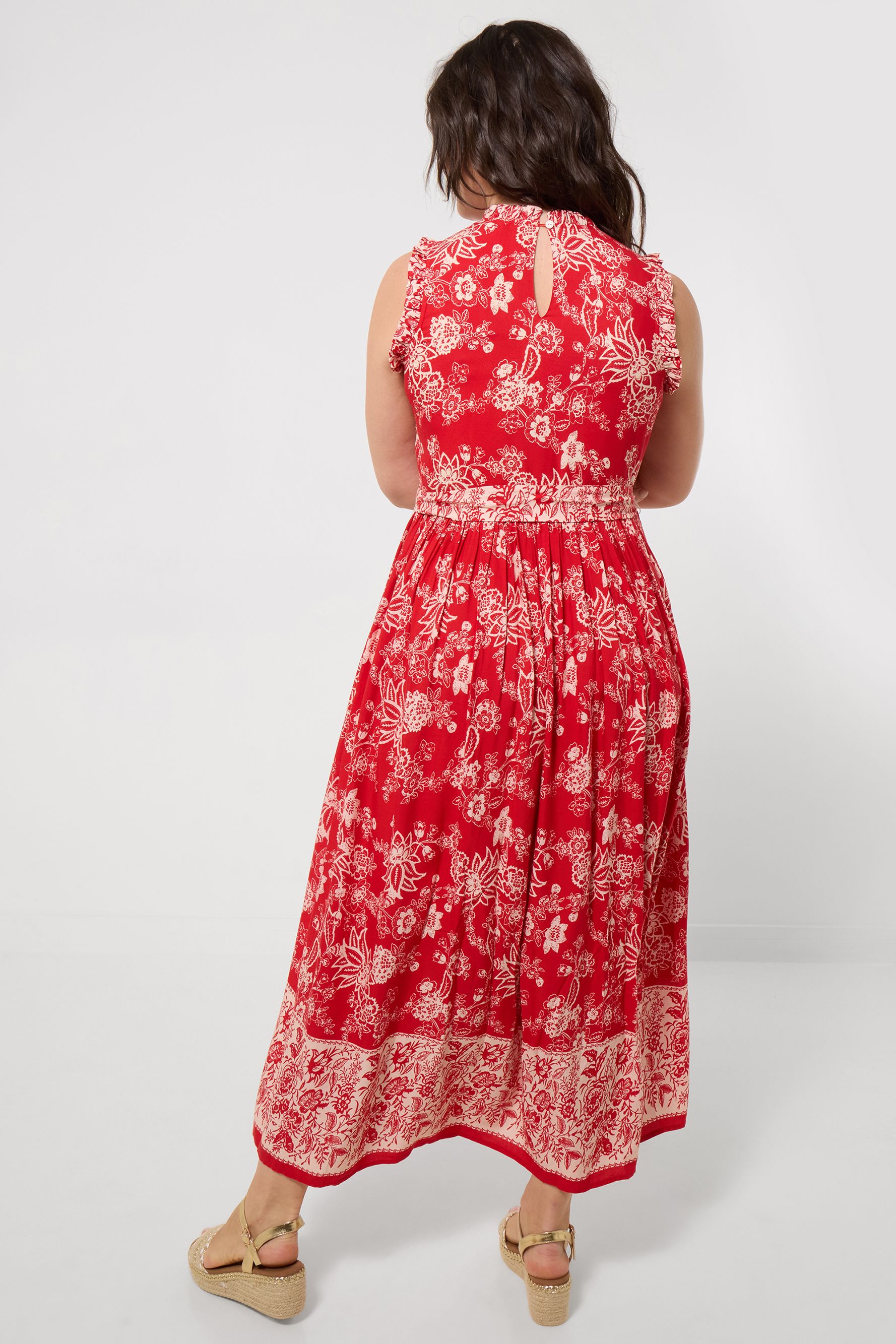 Joe Browns Floral Maxi Dress With Ruffle Collar And Border Print In Red