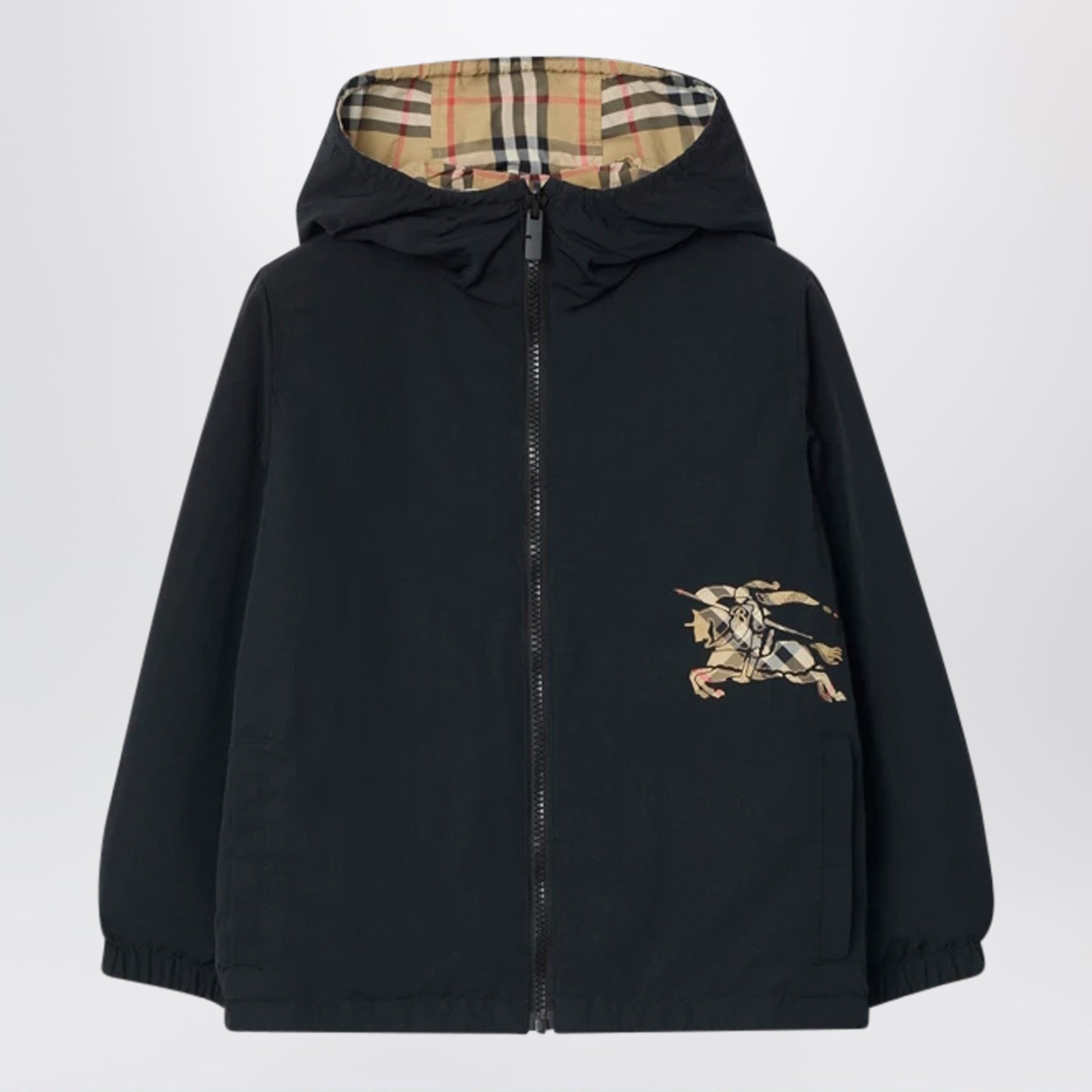 Reversible check hooded nylon jacket in sand