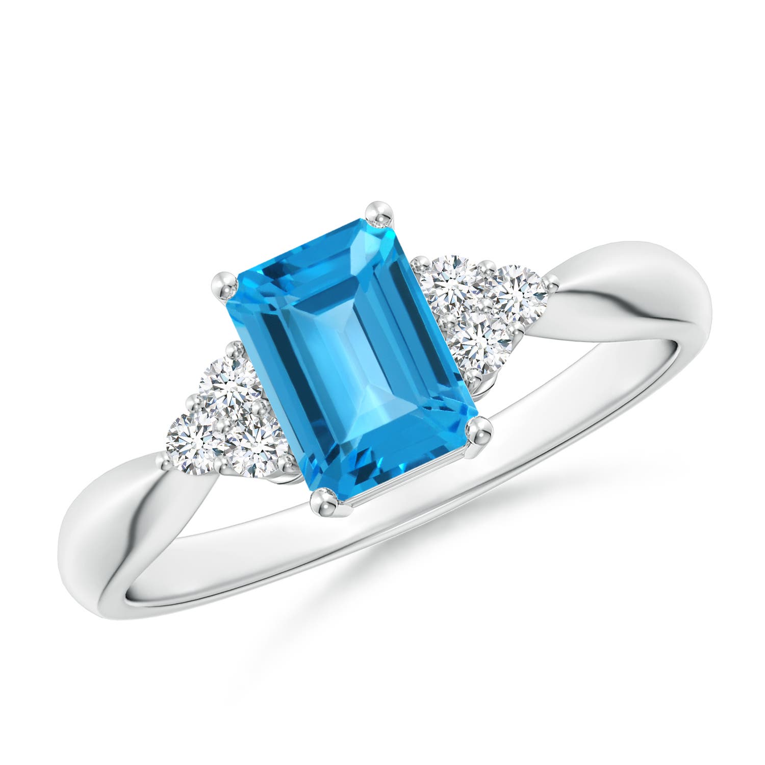 Angara 1.2 Carats Emerald-Cut Swiss Blue Topaz Ring with Trio Diamonds in Platinum