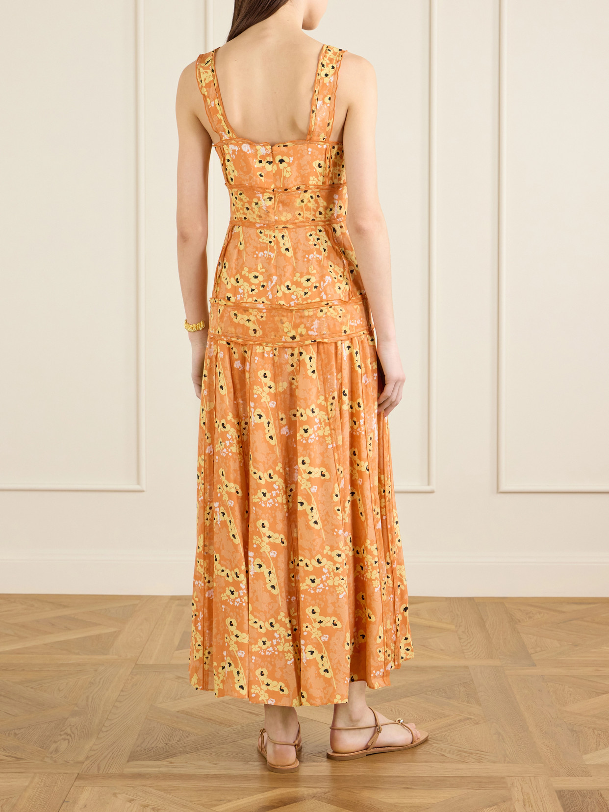 Panelled Printed Silk Maxi Dress - Orange