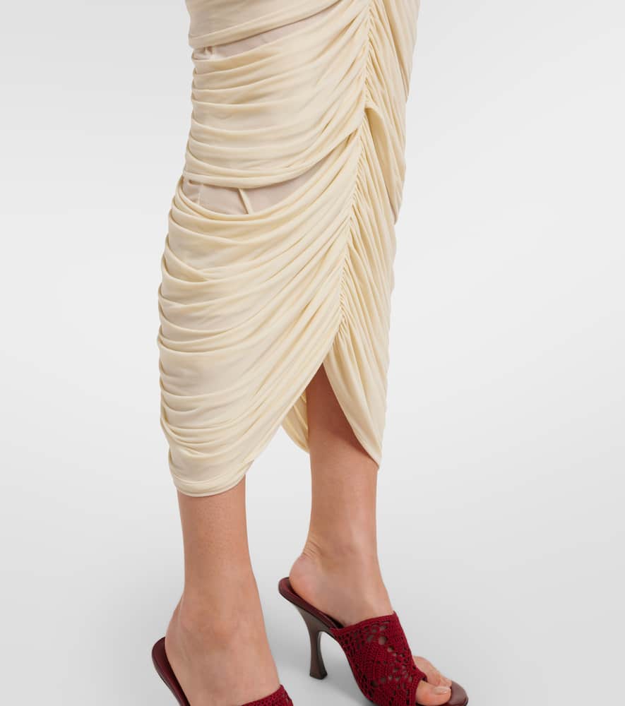 Floral-appliqué ruched midi skirt