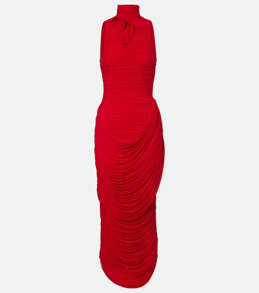 Floral-appliqué draped gown