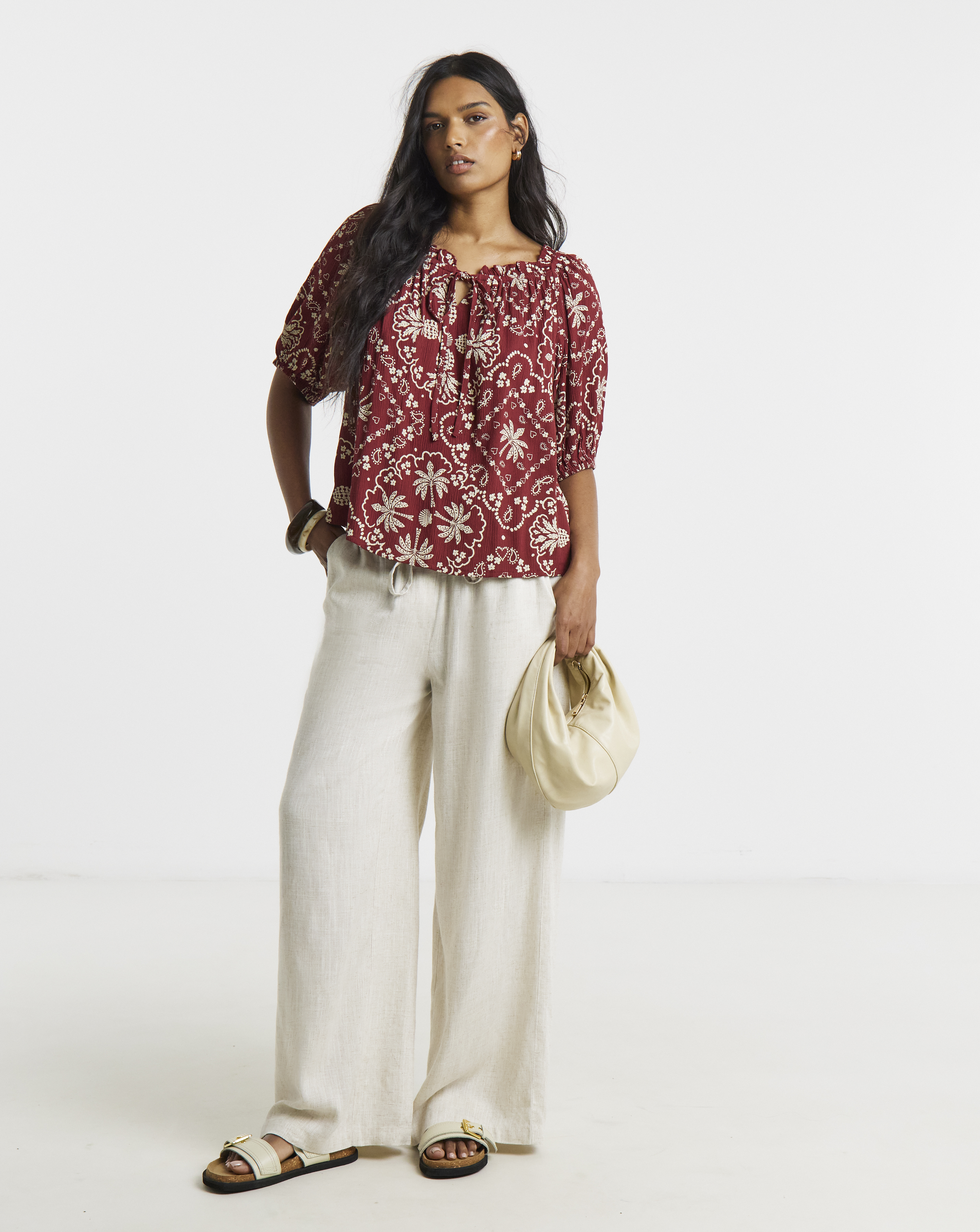 Scarf Print Crinkle Smock Blouse