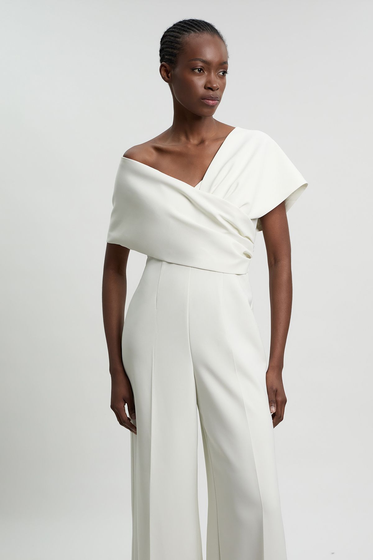 Karen Millen Womens Petite Compact Viscose Stretch Tailored Off Shoulder Jumpsuit - White