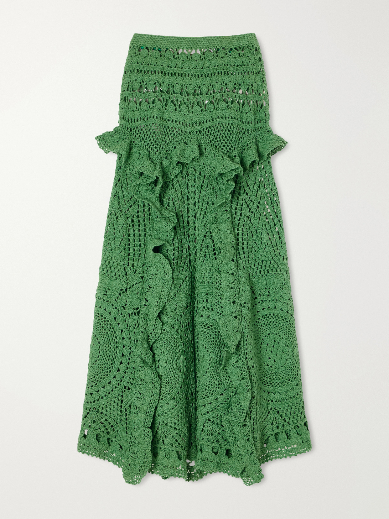 Floretta Ruffled Crocheted Cotton Midi Skirt - Green