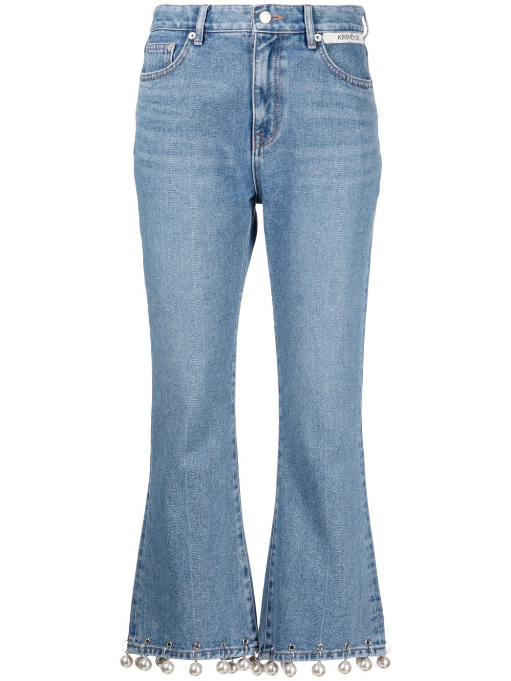 Faux-pearl embellished mid-rise cropped jeans - Blue