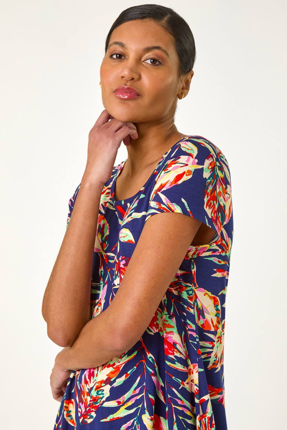 Roman Women's Leaf Print Hanky Hem Tunic Top in Navy