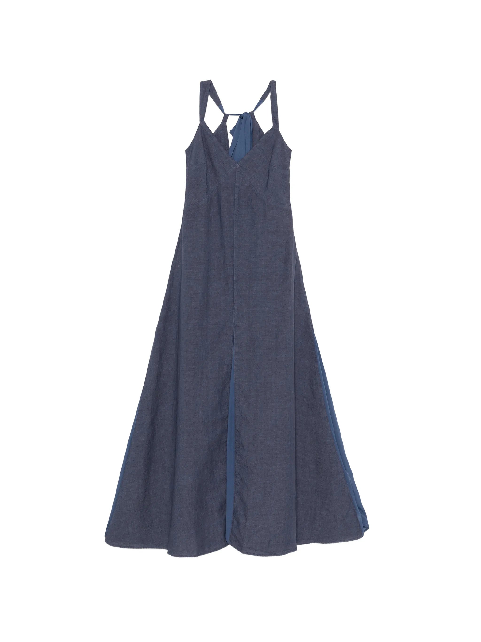 Chic Long Linen Dress with Shoulder Straps and V-Neck