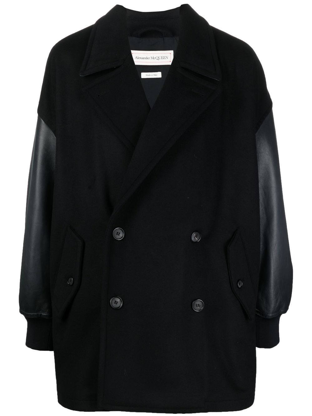Leather-trim double-breasted jacket - Black