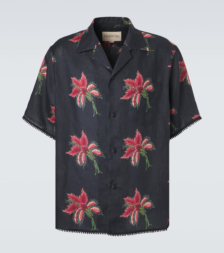 Floral lace-trimmed linen bowling shirt