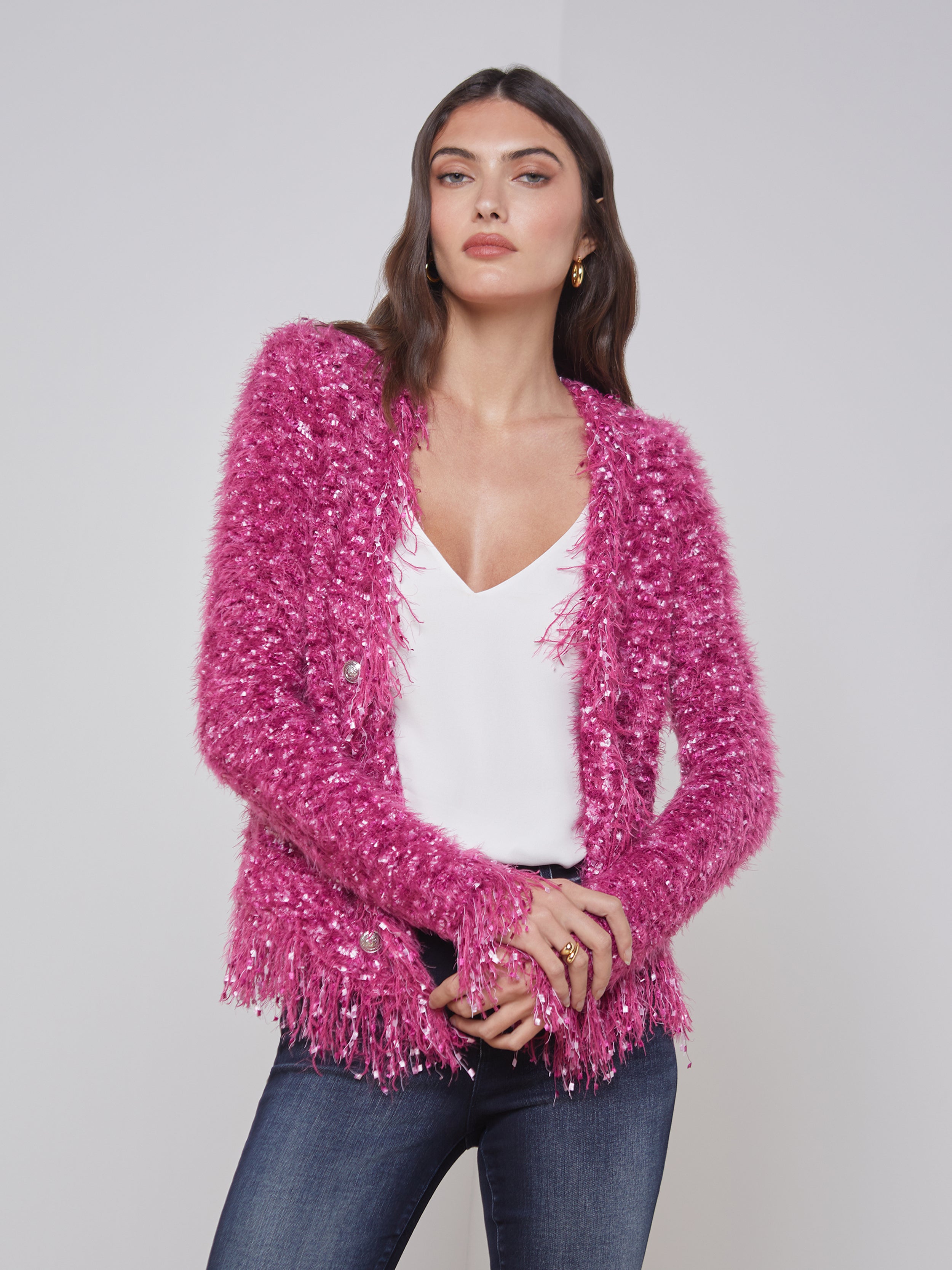 Azure Fringe Cardigan Blazer In Pink