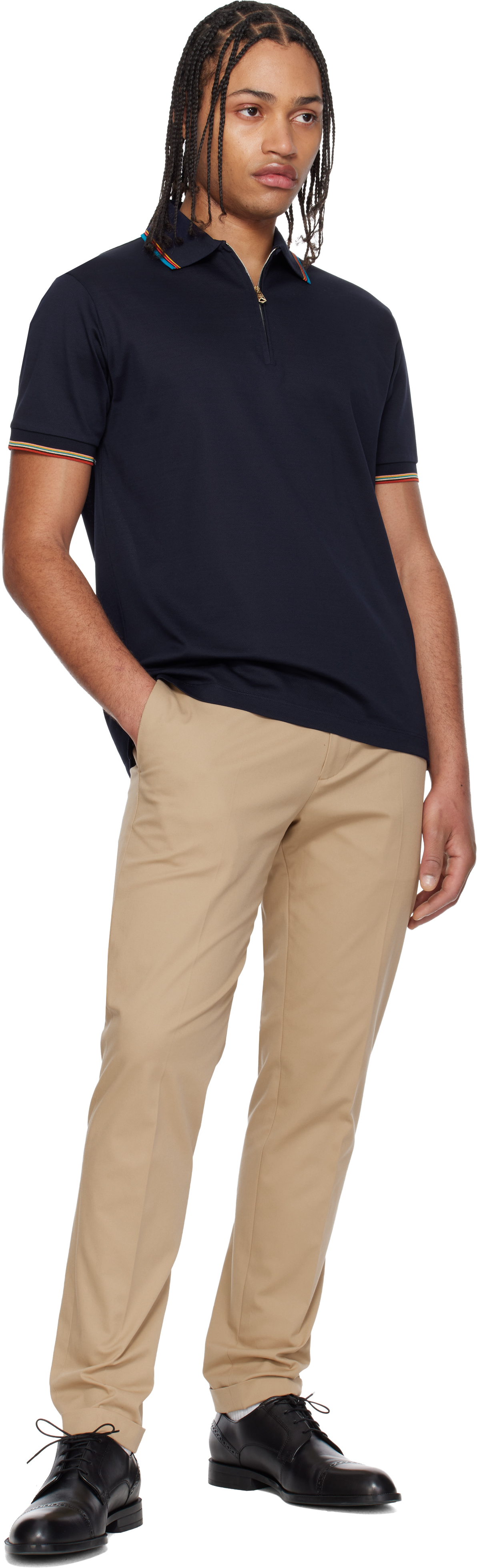 Navy Cotton 'Signature Stripe' Trim Zip Polo Shirt