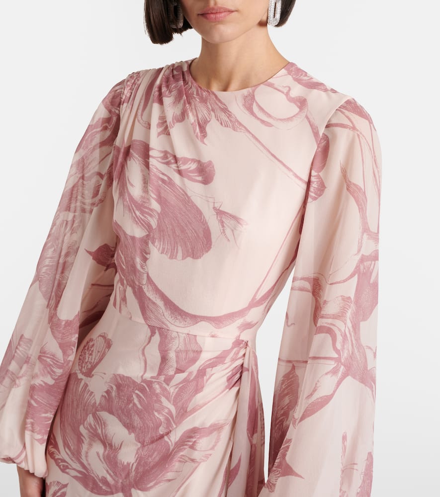 Draped floral silk voile gown