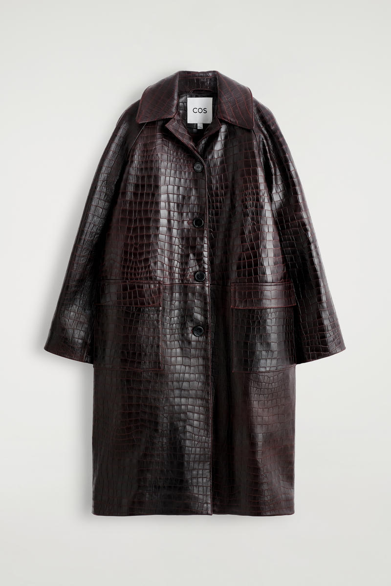 Croc-Effect Leather Long Coat