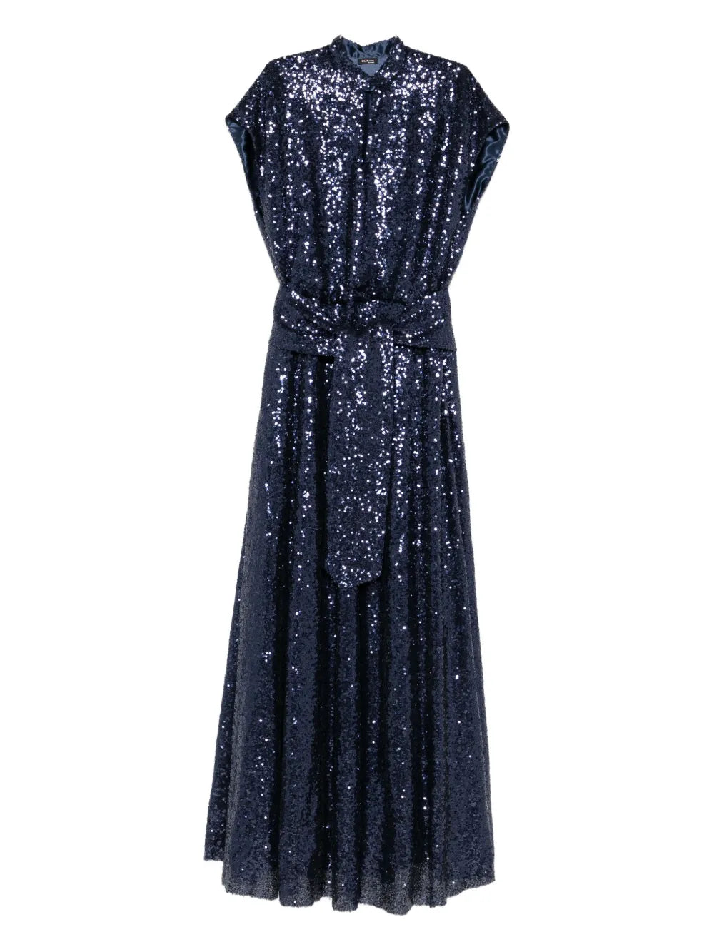 Sequin-Embellished Belted Dress — Navy