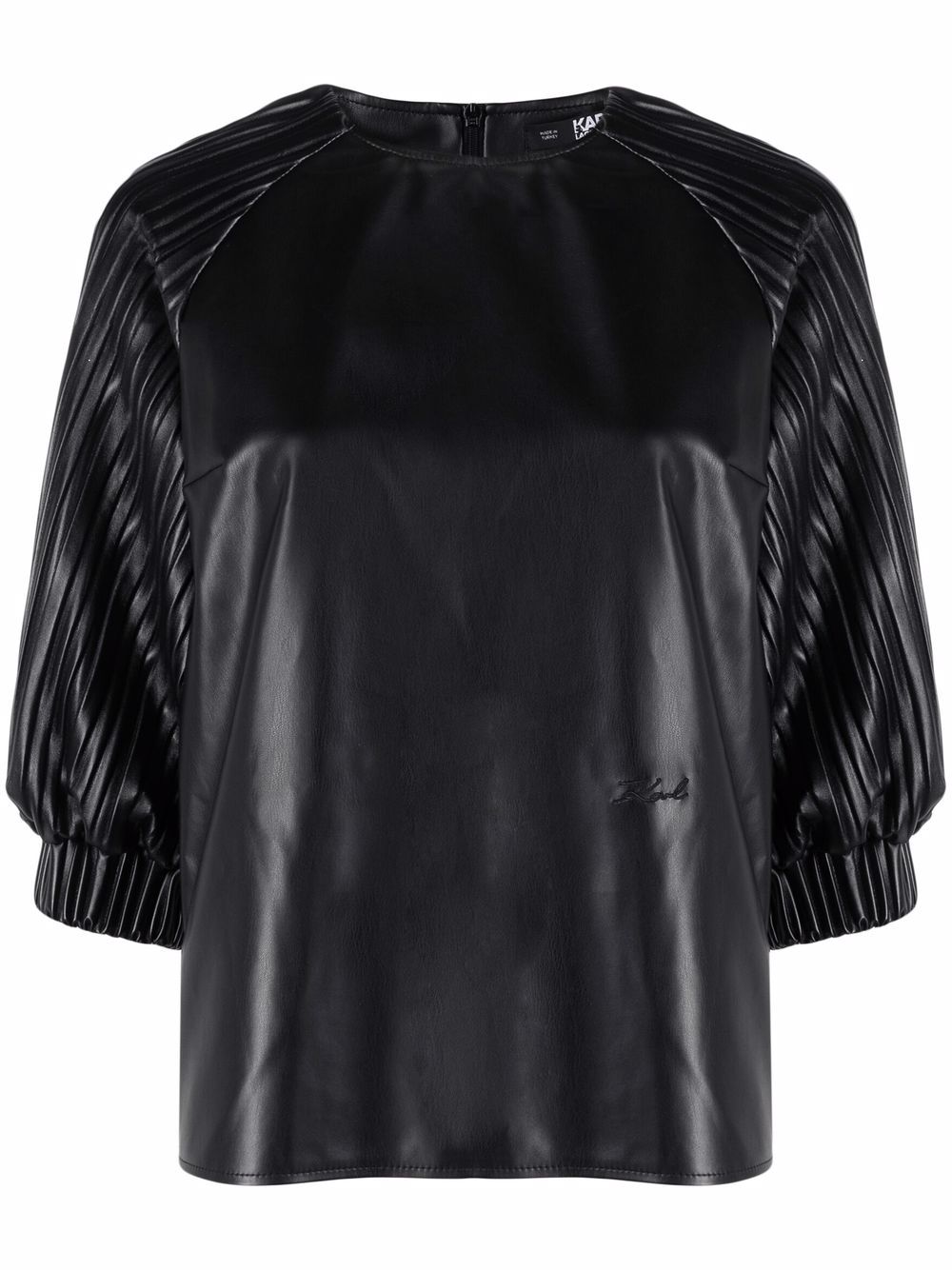 Vegan leather pleated-sleeve top