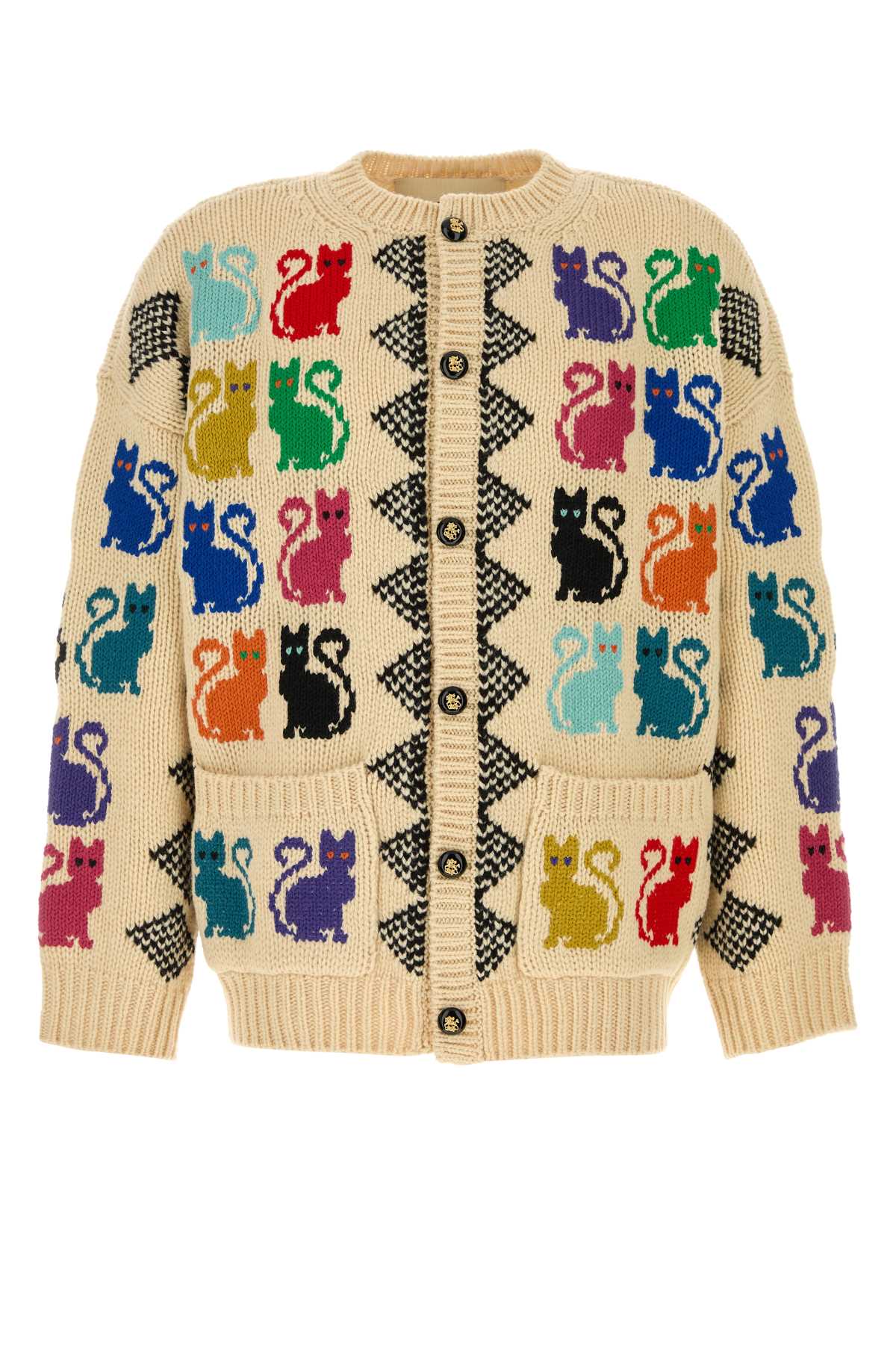 Intarsia-Knit Cat and Houndstooth Cardigan — Beige