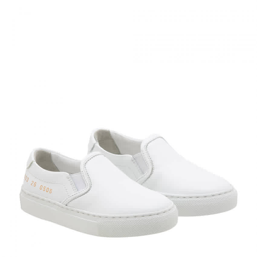 Kids White Leather Slip On Sneakers