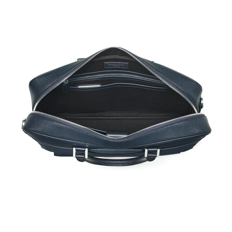 Mount Street Leather Laptop Briefcase Bag in Navy Saffiano