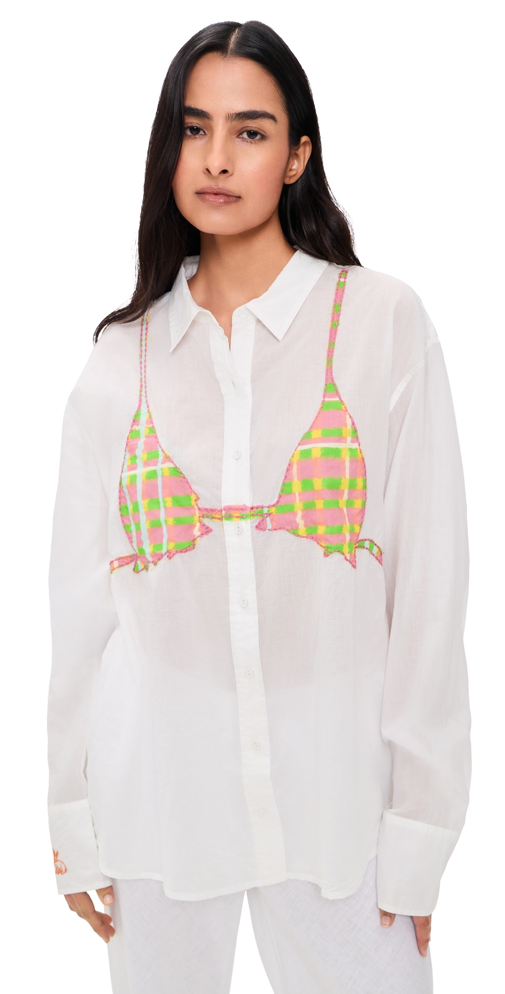 Business Casual Button Down Shirt White w/ Brushstroke Plaid One Size