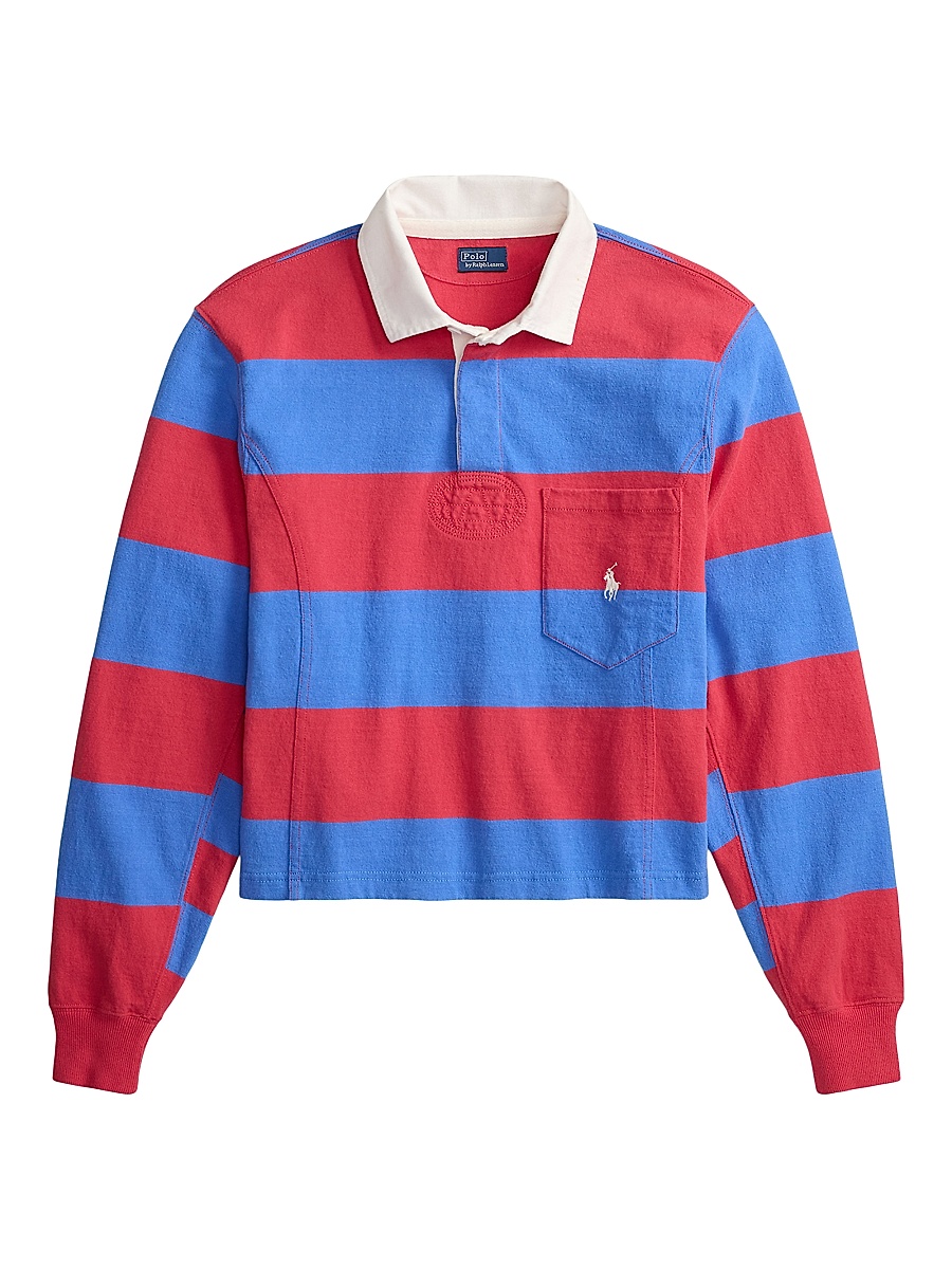 Women's Striped Cotton Rugby Shirt - Sunset Red Greenwich Blue