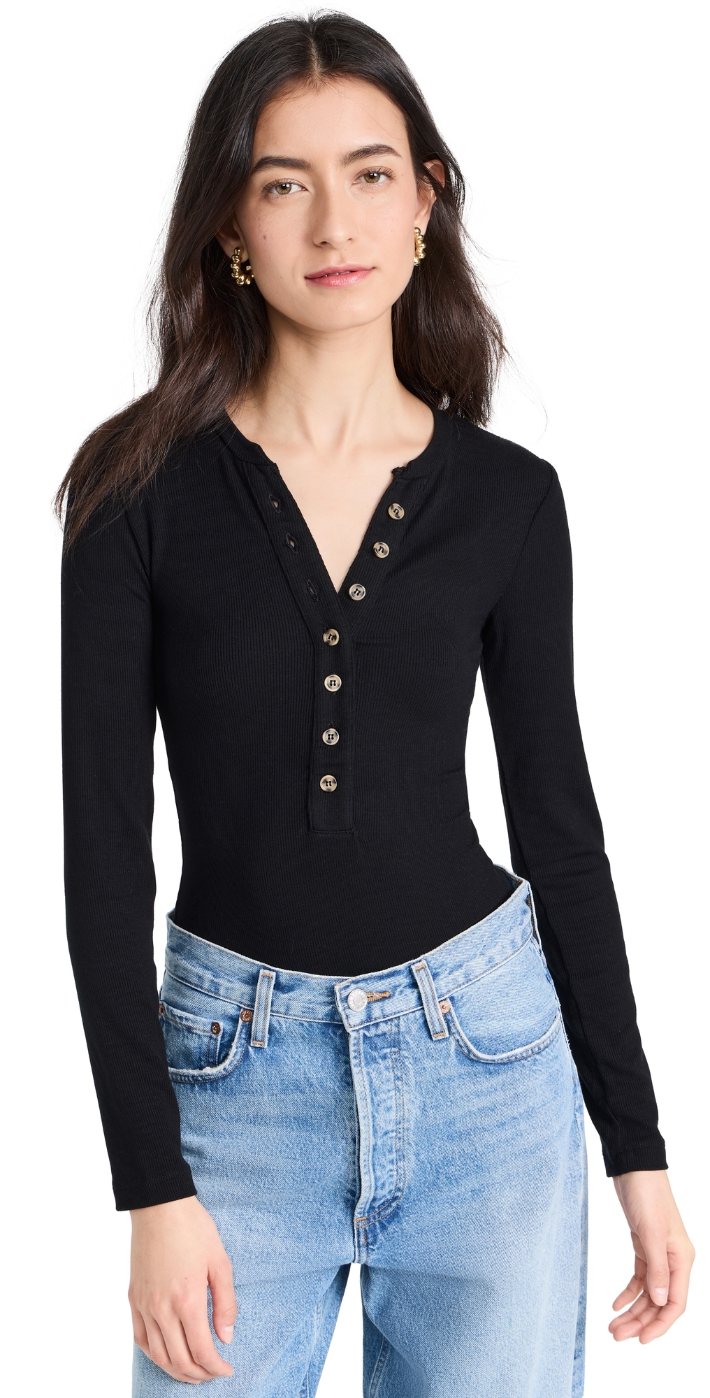 Button Up Ribbed Henley Thong Bodysuit Black
