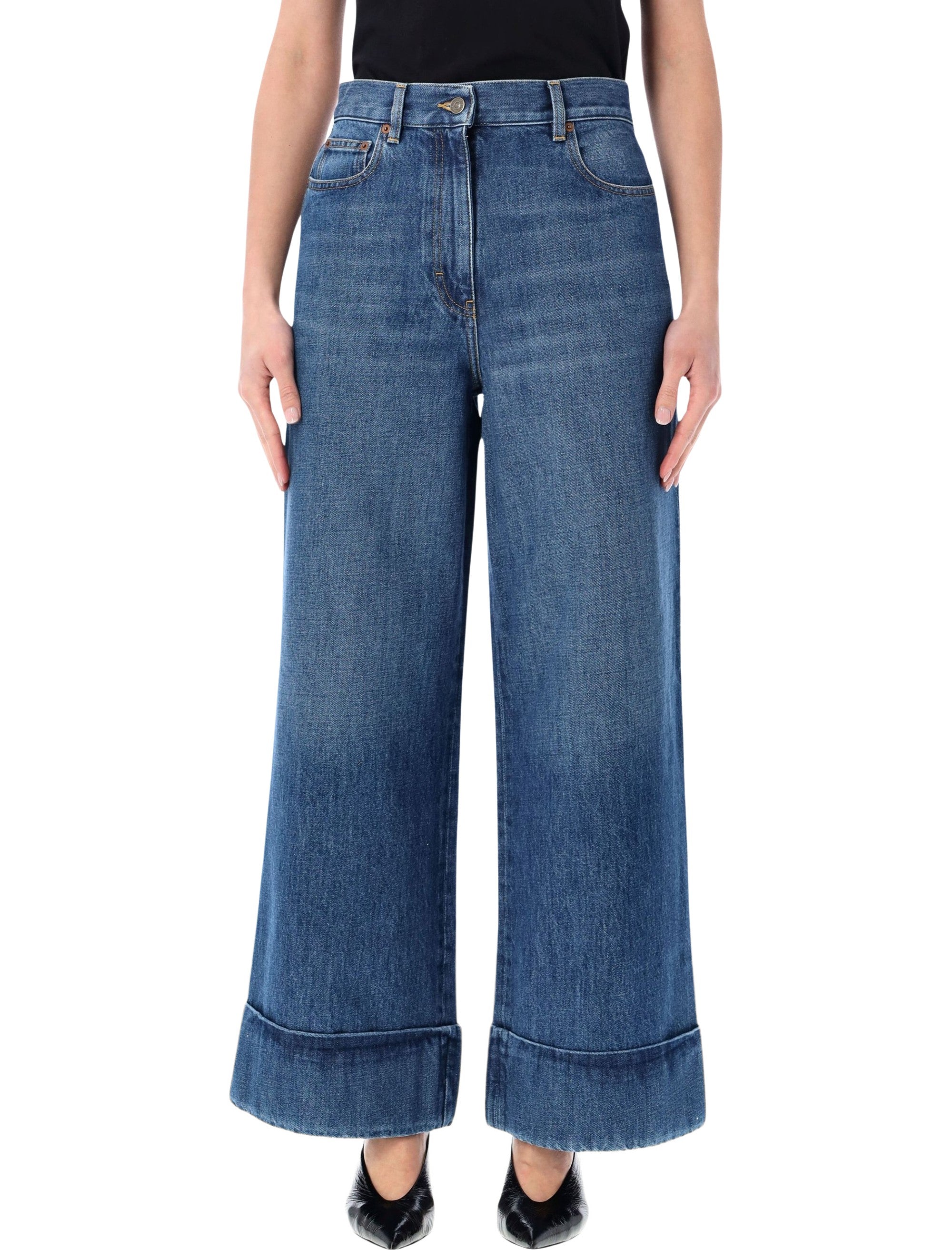 Wide-leg Jeans Crafted From Cotton Denim, Featuring V Gold Metal Detailing on the Back Pockets