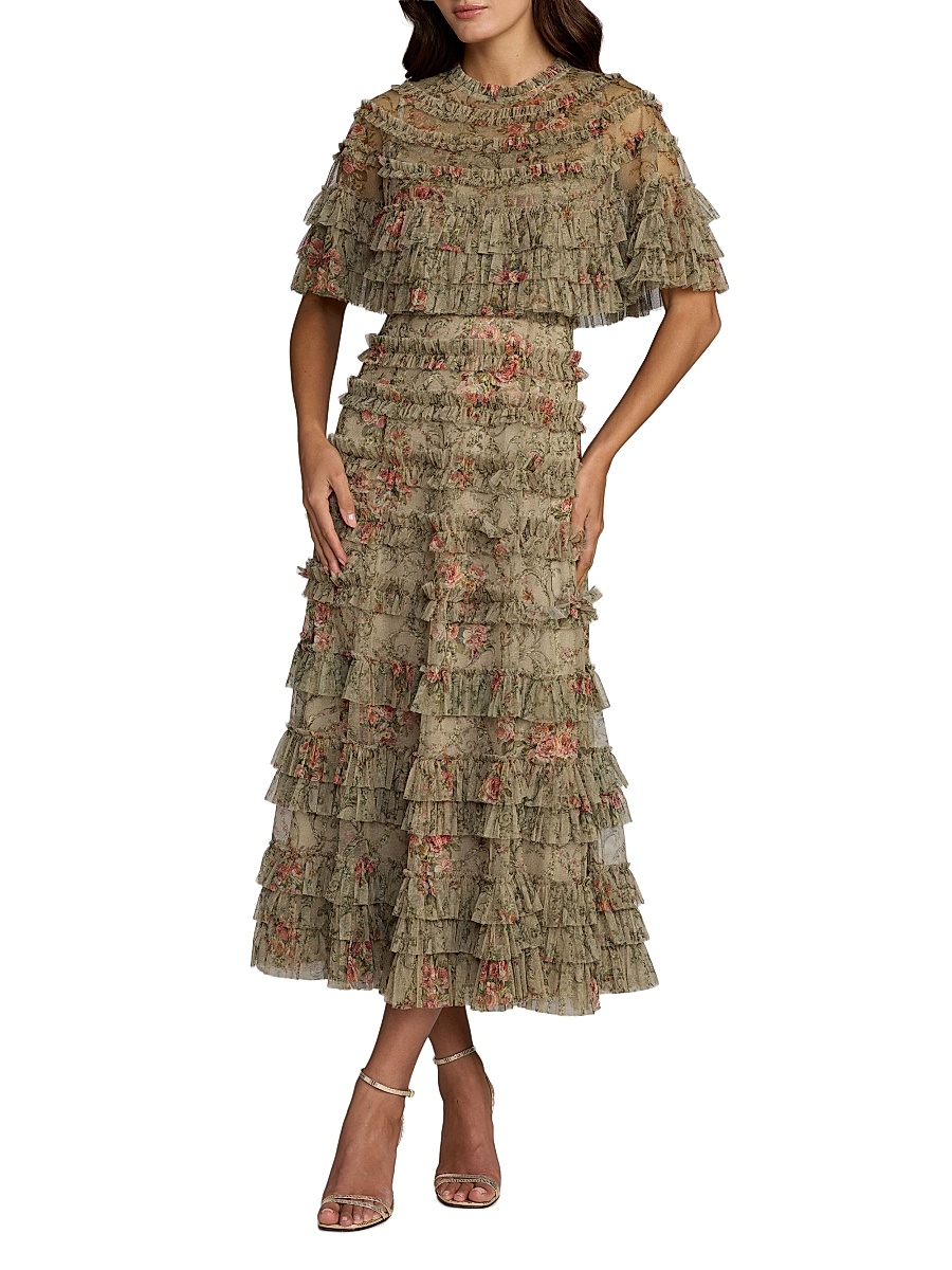 Women's Floral Ruffled Mesh Cape Midi-Dress - Olive