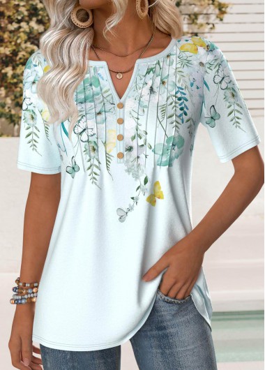 Modlily Mint Green Tuck Stitch Floral Print T Shirt