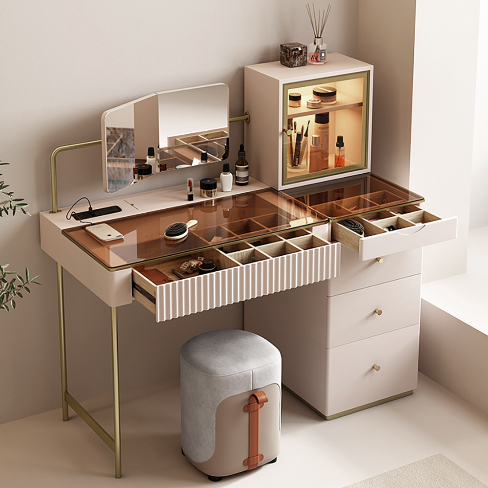 Ensemble de maquillage blanc moderne, coiffeuse avec rangement pour bijoux, armoire et tabouret